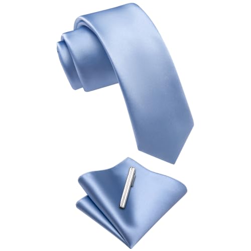 Image of YourTies Skinny Ties for Men Solid 2.4 inch Slim Necktie Handkerchief Clip Set