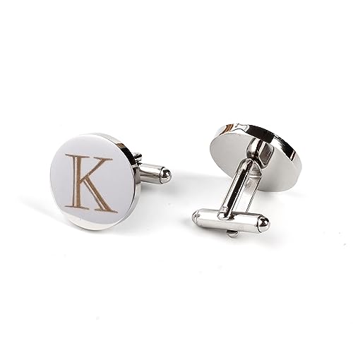 Image of Mens Initial Silver Cufflinks A-Z Alphabet Letter Steel Cuff Links with Engraved Walnut Wood Box Groom Groomsman Wedding Set