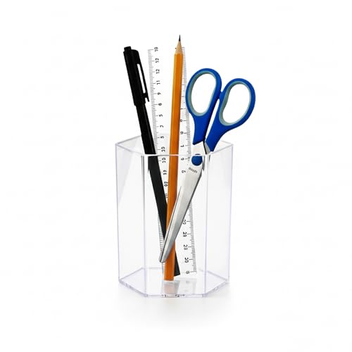 Image of Acrylic Pen Holder for Desk | Hexagonal Cute Pen Holder | Multipurpose Clear Acrylic Makeup Organizers, Clear Toothbrush Holder Cups & Pencil Cups for Classroom, Office Desk Accessories