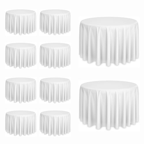 10 Pack White Round Tablecloths, 120 Inch Stain Resistant and Wrinkle Round Table Clothes, Washable Polyester Table Clothes Cover for Kitchen Dining, Wedding Birthday Party, Buffet Restaurant, Banquet