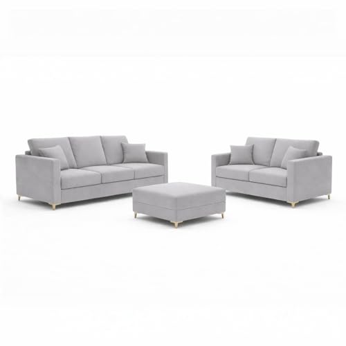 Image of Hayes Rich Velvet Suede 3 Seater + 2 Seater Sofa Set with Ottoman | Golden Aesthetic Legs | 6 Person Seating Capacity | Spacious Soft Touch Comfort | Modern Living Room Sofa (Light Gray)