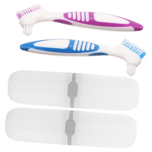 VILLFUL 2 juegos Cepillo Doble Cara para Dentaduras y Aparatos Pequeño y Portátil con Estuche de Almacenamiento para Viajes y Uso Doméstico Cerdas Duraderas y Diseño Práctico