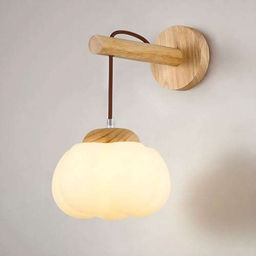 Jadssox Aplique de Pared de Madera lámpara de Pared nórdica Colgante lámpara de Pared de Noche con Pantalla de PE Blanca, Apliques cableados para Dormitorio luminaria de Pared Sala del hogar Luces de