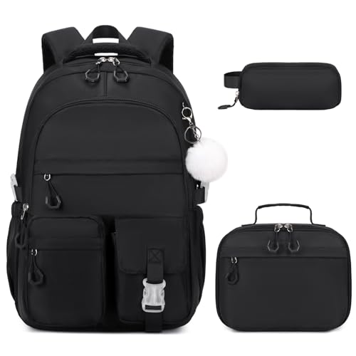 3PCS Girls Backpack for School, Kids Backpack for Girls with Lunch Bag Pencil Case, Kids Bookbag Teen Girl Backpacks for Elementary Middle High College School (Black)