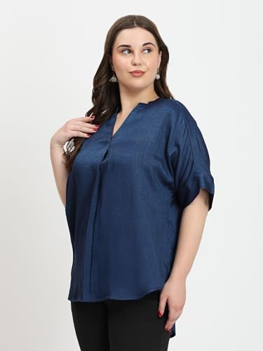 Image of SINDOORI Relaxed Fit Tops for Women Plus Size Solid Printed Mandarin Collar, Band Collar, V-Neck Top, Half Sleeve Loose Fit