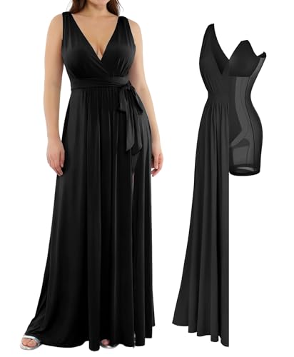 Popilush Women Formal Wedding Guest Dress - Shapewear Bridesmaid Dresses Built-in Bra Floor Length Prom Dress with Tie