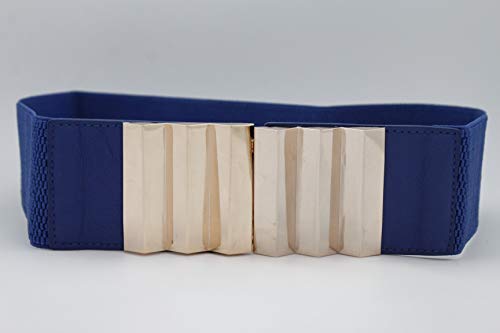 Women Fashion Elastic Waistband Wide Blue Color Belt Hip High Waist Gold Metal Buckle Fit Size S M2