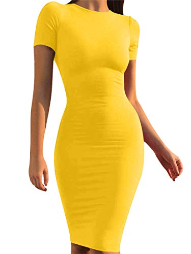 Mokoru Women's Casual Basic Pencil Dress Sexy Long Sleeve Bodycon Midi Club  Dress, Small, Short Sleeve Yellow