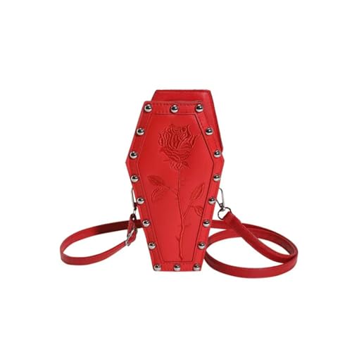 Womens Novelty Coffin Shape Shoulder Bag Halloween Vintage Gothic Embroidery Rose Crossbody Bag Alt Emo Small Purse (Red)
