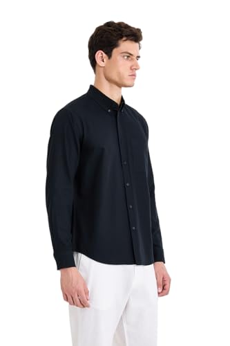 Image of SNITCH Men Casual & Semi-Formal Shirt | Regular Fit Long Sleeve Button-Down Collar Solid Oxford Style | 100% Cotton Breathable Fabric for Office, Date Night