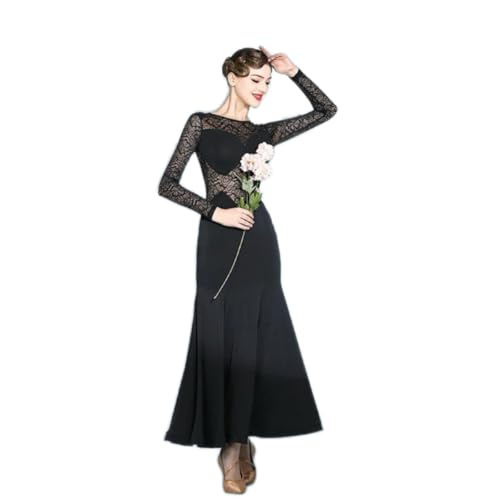 ZYDANC Lace Ballroom Dance Performance Dresses Tango Social Dance Dress Waltz Foxtrot Training Outfit for Women,Black,XL