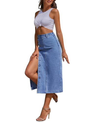 Womens High Waisted Washed Button Front Denim Long Skirt Midi Length A Line Denim Jean Pencil Skirt3
