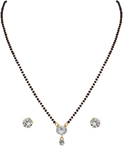 Jewar Mandi Mangalsutra Black Crystal Beads Chain Wedding Bridal Ad Cz Color Stones Two-Tone Silver Gold Plated Pendant Tanmaniyam Jewelry With Earrings For Women
