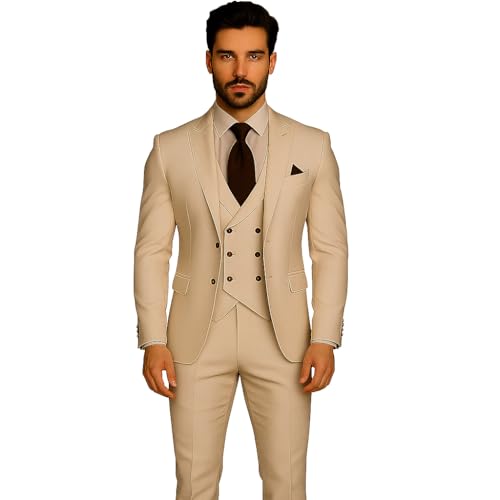 Beige Modern-Fit Suit for Men | 3-Piece Slim Tailored Blazer, Waistcoat & Trouser Set | Classic Formal Wedding, Business