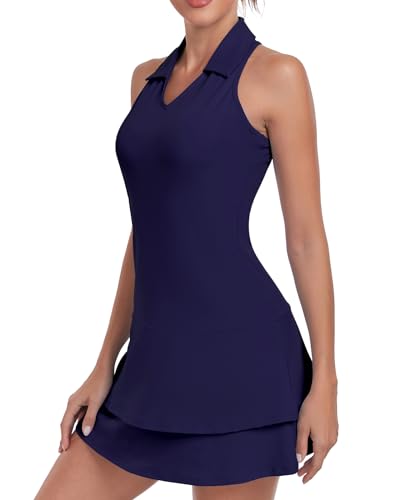 Soneven Vestido de ténis para mulher com calças, sem mangas, fecho de correr 1/4, conjunto de roupa de ténis desportivos, vestido de verão, vestido de golfe para desportos, ténis e beisebol, Azul