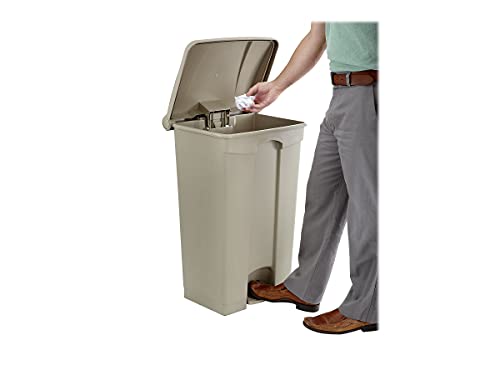 Image of Safco Step On Plastic Trash Can with Foot Pedal, 23 Gallon Garbage Can for Kitchen, Indoor or Outdoor Use, Hands Free, Tan