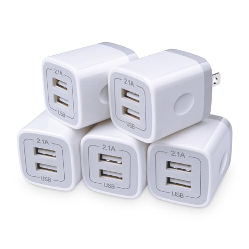 USB Charger Wall Plug, FiveBox 5Pack 2.1Amp Fast 2Ports USB Wall Power Adapter Charging Block Base Charger Brick Cube Box for iPhone 16e 16 15 14 13 12 11 Xs XR X 8 7, Android