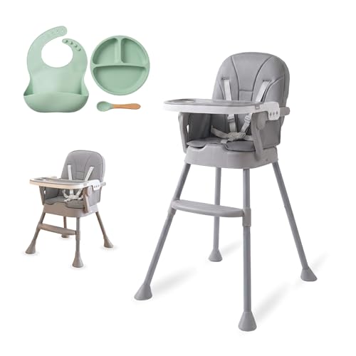 Tronas De Bebe 3 En 1 Con Kit Vajilla de Silicona – Silla Bebe Comer Con Asiento Acolchado - Trona Bebe Plegable Fácil De Limpiar, Montaje Rápido, Estabilidad