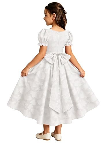 Inpown Girls Flower Girl Dress Floral Jacquard Tea Length White Formal First Communion Dress with Back Bow Wedding Pageant Birthday Gowns Size 10