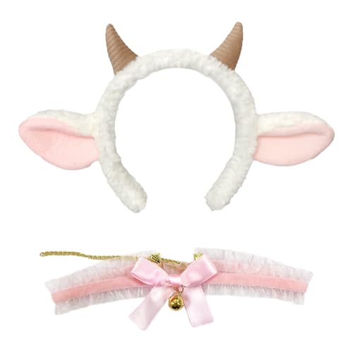 NIDHFG 1 Piece Of Sheep Horn Headband And 1 Piece Of Collar Cute Plush Headband Stage Performance Props Sheep Clothing Accessories ChildrenS Dressing Hair Accessories.