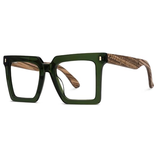 Image of Zeelool Vintage Square Wood Arm Eyeglasses Frame for Men with Non-prescription Clear Lens ZJGX320783-03 Green