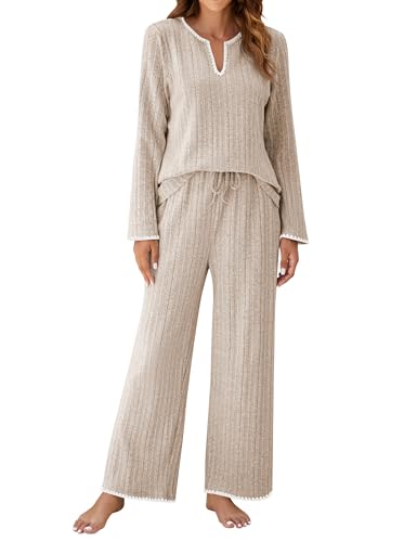 Blooming Jelly Womens 2 Piece Pajama Sets Flannel Soft Fleece Cozy Sleepwear V Neck Drawstring...