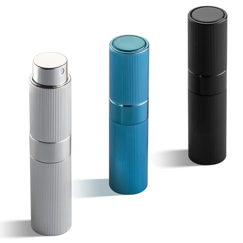 LISAPACK Perfume Travel Refillable Bottle - Atomizer Cologne Spray for Men Portable - Mini Sprayer Empty for Refill - Small Size 8ML Striped (Black, Silver, Blue)