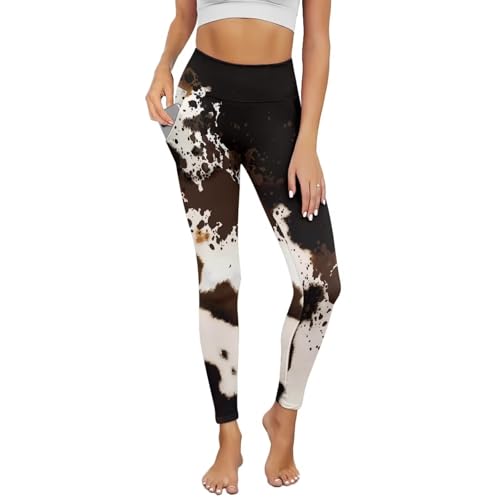 Thick High Waist Yoga Pants for Women with Pockets Cow Print Tummy Control Workout Running Yoga Leggings Size XS-3XL