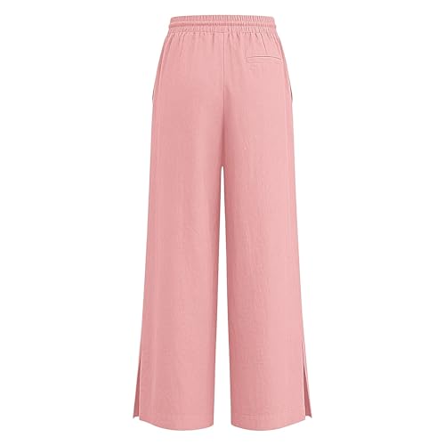 Image of Girls Linen Pants Wide Leg School Uniform Pants Cozy Elastic Waist Summer Casual Beach Lounge Trousers with Pockets