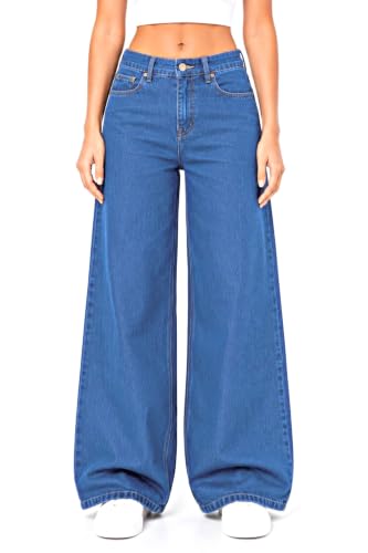 Image of Women's High Rise Wide Leg Denim Jeans | Stretchable Casual Blue Jeans for Women | Classic 5 Pocket Style | Comfortable Everyday Wear