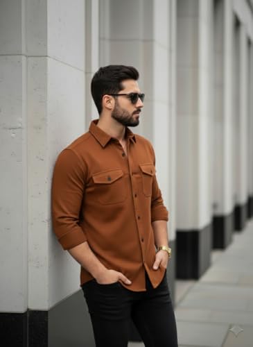 Image of DEELMO Men's Classic Cotton Blend Slim Fit Shirt || Full Sleeve Button-Down Casual Shirt with Dual Flap Pockets || Soft Breathable Fabric || Ideal for Office Party and Everyday Wear