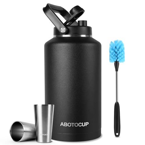 ABOTOCUP 2 Gallon Water Jug with Wide Mouth, 256oz Insulated Water Bottle Keep Cold24h&Hot12h, Comes with Ergonomic Handle, Two Double Walled 16oz 18/8 Stainless Steel Cups Thermo Canteen Mug