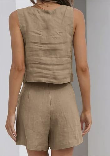 YMING Femmes Survêtement Décontracté En Lin Sets D'Été Tenues De Mode De Voyage Kaki Foncé M – vue 2