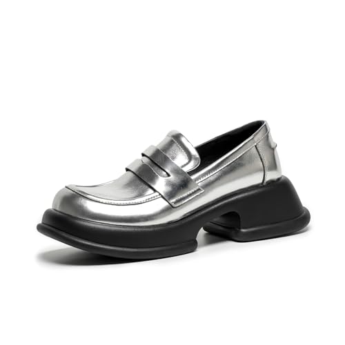 Image of BEAU TODAY Chunky Loafers Women,Patent Full Grain Leather Loafers for Women,Comfortable Slip-on Fashion Platform Shoes, Non Slip Business Casual Work Office Square Toe Dress Shoes