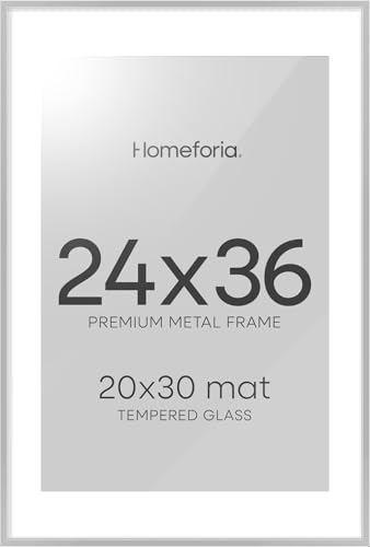 Image of Homeforia Poster Silver Frame 24x36, High End Metal 24 x 36 Large Picture Frame with Mat 20 x 30 Photo, 24x36 Silver Frames Matted to 20x30 Print, 36x24 Thin Frames, Tempered Glass, Wall Kit, Set of 1