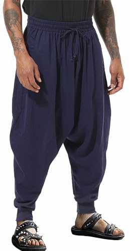 PACEIADTA Men Elastic Waist Harem Pants Loose Drawstring Drop Crotch Trousers (Small, Blue-1)