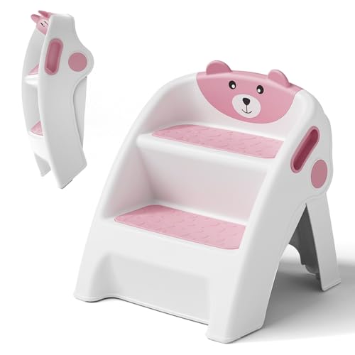 Toddler Step Stool Foldable 2 Step Stool for Kids Collapsible Anti-Slip Stepping Stool for Bathroom Sink Potty Toilet Toddler Kitchen Stool Helper (Pink)