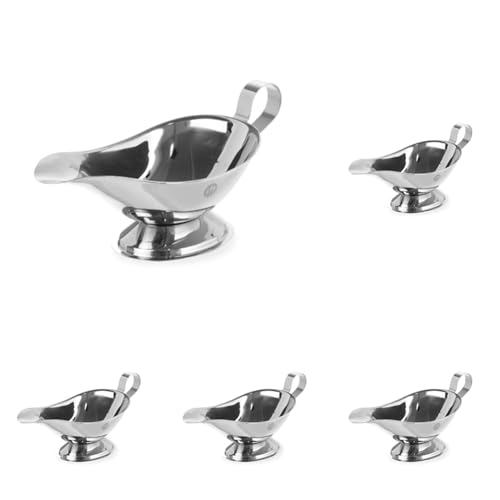 HENDI Salsera, 280 ml, con base, cazo recipiente pequeño para salsas, salsera con pico vertedor, 200x100x(H)105mm, acero inoxidable (Paquete de 5)