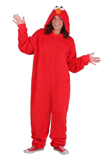 Adult Elmo Costume for Men/Women - Sesame Street Plush Jumpsuit with Hood Zipper & Cuffed Sleeves Small/Medium