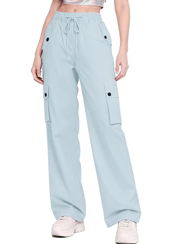 Image of Betusline Girls & Women's High Waist Wide Leg Cargo Pants Y2K Parachute Pants with Pockets and Drawstring 6 Years-Women 2XL