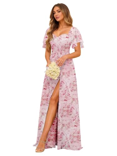 Floral Sweetheart Chiffon Bridesmaid Dresses with Slit Long for Women 2025 A-Line Pleated Flutter Sleeves Formal Prom Dresses for Wedding