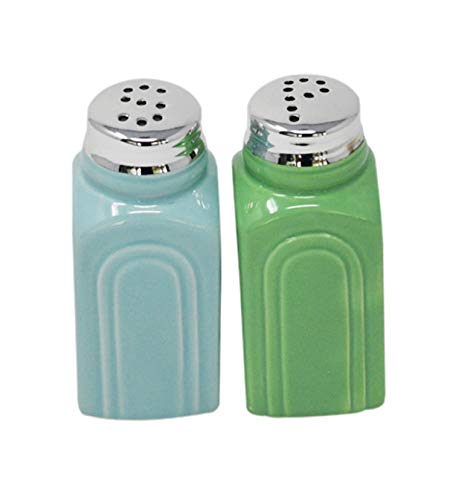 HOME-X Retro Stoneware Salt and Pepper Shakers Set, 50's Diner Style Salt & Pepper Shakers, Perfect Addition to Any Kitchen, Home, Restaurant-Green and Blue