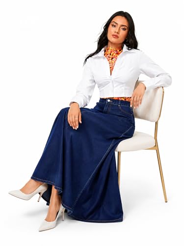 Image of Navy Blue Buttoned A-Line Full Length Denim Skirt 18000