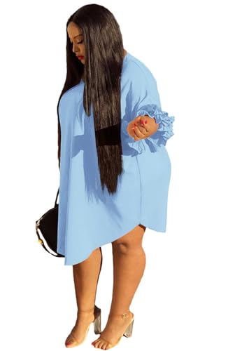Image of Ekaliy Women's Casual Vintage Ruffle Sleeve Loose Party Midi Plus Size Dress Casual Summer