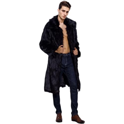 UMREN Mens Faux Fur Coat Long Black Jacket Warm Furry Overcoat Outwear4