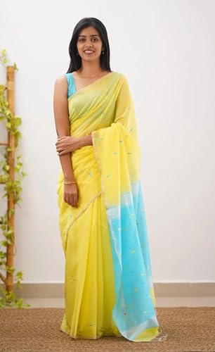 Image of Women's Cotton Woven Soft Sarees With Attach Blouse Piece.