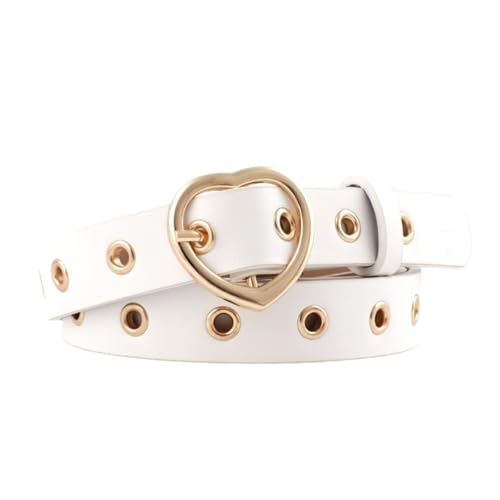 Women Decorative Belt Women Belt Peach Heart Buckle All Around Needle Belt Love Hollow Decoration Eyelet(White)
