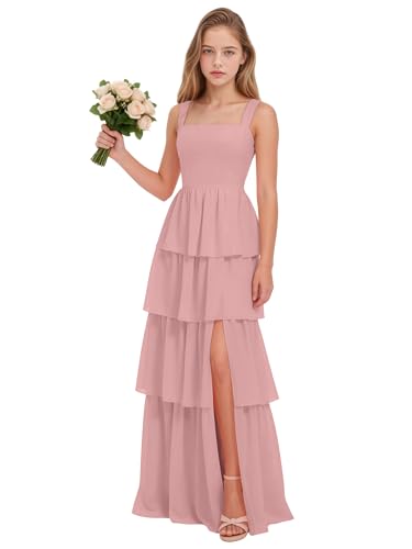 Junior Bridesmaid Dresses for Wedding Dusty Rose Chiffon Flower Girl Dress Square Neck Tiered Prom Gown Size 10-12