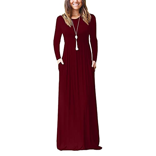 MINEMIN Women Casual Pocket Maxi Dress Solid Color Plus Size Autumn and Spring Ankle Long-Sleeved Long Dresses Wine