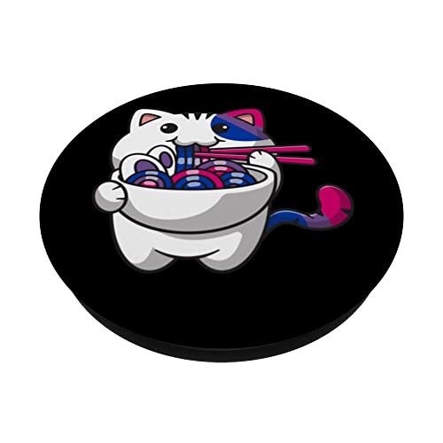 Bisexual Pride Bi Kawaii Cat Ramen Noodles Bisexual Flag PopSockets Swappable PopGrip, Black - Image 2